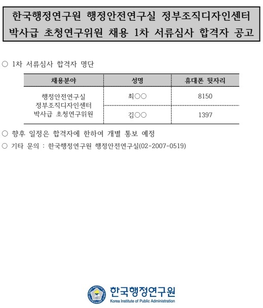 한국행정연구원 행정안전연구실 정부조직디자인센터 박사급 초청연구위원 채용(재공고) 서류심사 합격자 공고